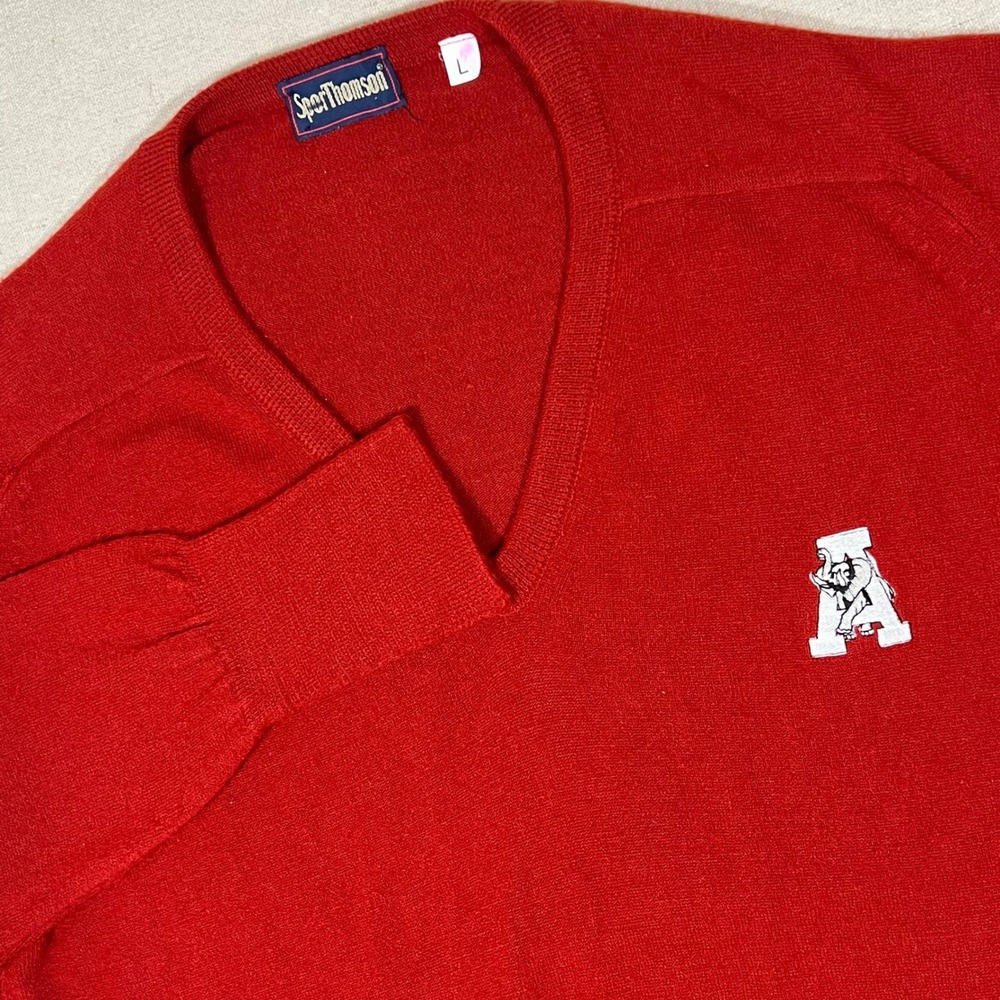 Vintage SporThomson Red V-Neck Sweater Alabama Crimson Tide Elephant Large *FLAW